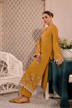 Brand: SAFWACollection: Zuri by Safwa 2Piece Unstitched Embroidered CollectionFabric: CottonIncluded: Shirt + Trouser PRODUCT DETAILS: Premium Dyed Embroidered Shirt Front Premium Dyed Embroidered Shirt Sleeves Premium Dyed Shirt Back Premium Dyed Cotton Trouser DISCLAIMER:* Lining, Laces, and Tassels are not included in unstitched variants.* Embellishment items in stitched outfits are subject to market availability.* The actual colors of the outfit may vary from the colors being displayed on yo Yellow Dupatta, Shirt Trouser, Basic Wear, Dye Shirt, Fabric Stores Online, Jacquard Fabric, Designer Suits, Embroidered Shirt, Fabric Store