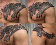 multiple pictures of a man's back with tattoos on it, including an eagle