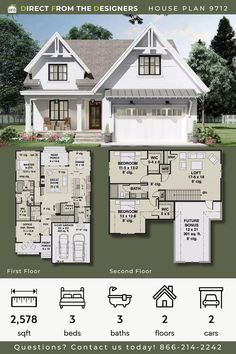 two story house plan with 3 bedroom and 2 bathrooms