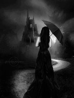 a woman holding an umbrella standing in front of a castle on a foggy night