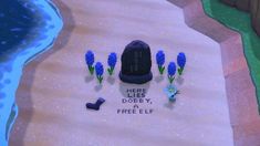 there is a cartoon scene with blue flowers on the ground and a black object in the middle