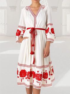 Product Description: Sleeve Length: Long Sleeve Special Craft: Embroidery Accessories: None Waist: Regular Elasticity: No Elasticity Material: Cotton 65% Polyester35% Neckline: V Neck Events: Vacation,Festival, Daily, Party Style: Elegant Size: S, M, L, XL, 2XL Futario's latest designer embroidered shirt dress features vibrant red floral patterns, brimming with passion and vitality. The exquisite embroidery craftsmanship showcases the designer's unique perspective, with every flower and leaf met Embroidery Accessories, Craft Embroidery, Embroidered Shirt Dress, Tie Maxi Dress, Unique Perspective, Party Style, White Maxi Dresses, Embroidered Shirt, Floral Patterns