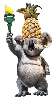 a koala bear holding a pineapple on its head with a candle in it's hand