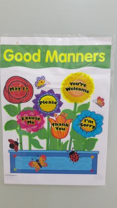 a bulletin board with flowers and ladybugs on it that says good mannerss