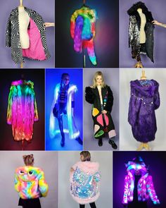 Let me make you the festival / rave / statement coat of your dreams!  I will turn your ideas into a custom design made just for you. Completely customizable!  The photos are from some of my past customs, but your design is not limited to what you see here. My festival coats are convertible! They come with internal straps to wear the coat like a backpack when it gets too hot on the dance floor. After receiving your order, I will get in touch with you to select fur and lining colors and decide on special features. Some features, such as a chain adornment, ears, or sequin patchwork, will be an additional charge. [You can purchase add-on features for your coat here: https://www.etsy.com/listing/1376511351/custom-festival-coat-add-ons] You'll get to choose every aspect of your coat, or I will b Fantasy Outerwear For Costume Parties And Cosplay, Fantasy Outerwear For Cosplay And Costume Parties, Purple Winter Costume Outerwear, Multicolor Winter Outerwear For Costume Party, Multicolor Outerwear For Winter Costume Party, Fantasy Winter Party Costumes, Festival Coats, Rave Costume, Rave Costumes