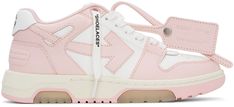 Low-top paneled buffed calfskin sneakers colorblocked in pink and white. Perforated detailing at round toe. Tonal lace-up closure. Embossed leather logo patch at padded tongue. Detachable signature zip-tie with press-stud fastening at single side. Padded heel collar. Logo embossed in black at mismatched heel tabs. Signature graphic logo appliqué at sides. Tonal mesh lining. Rubber midsole in off-white with logo embossed at heel. Tonal treaded rubber outsole in pink with translucent beige. Suppli Light Pink Sneakers, Off White Sneakers, Off White Clothing, Off White Shoes, Out Of Office, Cute Sneakers, Pink Sneakers, Zip Ties, Graphic Logo