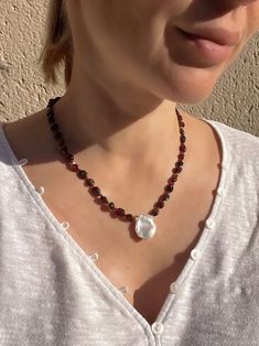 Baroque Garnet and Pearl Necklace Marsala Spiritual Garnet Gemstone Necklace, Elegant Garnet Necklace With Faceted Beads, Elegant Garnet Necklace With Natural Stones, Elegant Garnet Round Bead Necklaces, January Aesthetic, Garnet And Pearl, Aesthetic Necklace, Healing Necklace, Baroque Pearl Necklace