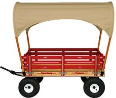 a red wagon with white canopy and black wheels is on display against a white background