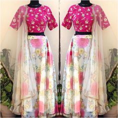 Floral Skirt With Contrasting Embellished Crop Top And Stole . Available In Two Sizes, M And L . Fast Shipping . Elegant Lehenga, Baby Lehenga, Embellished Crop Top, Skirt Sets, Floral Skirt, Lehenga, Skirt Set, Pink Ladies, Womens Skirt