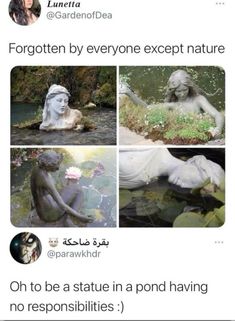 an image of some statues in the water with caption that reads, forgotten by everyone except nature oh to be a statue in a pond having no responishes