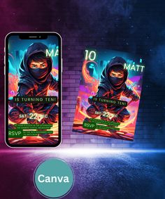 a phone with an image of a ninja on it and the text, canva