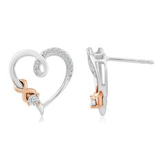 These diamond accent heart stud earrings make a beautiful and thoughtful gift for a loved one. Crafted in sterling silver and 10K rose gold, this pair features two round brilliant cut diamonds and 22 round single cut diamonds, adding loving sparkle and shine to this special accessory. | Diamond Accent Heart Stud Earrings | Sterling Silver & 10K Rose Gold | White | Size 12.50 mm | Helzberg Diamonds White Diamond Earrings In Sterling Silver For Valentine's Day, Valentine's Day White Diamond Earrings In Sterling Silver, Valentine's Day White Gold Diamond Earrings, Valentine's Day White Heart Earrings With Diamond Accents, White Gold Double Heart Diamond Earrings As Gift, Valentine's Day Sterling Silver Diamond Earrings, Valentine's Day White Gold Heart Earrings For Anniversary, Valentine's Day White Heart Earrings For Anniversary, White Heart Earrings With Diamond Accents For Gift