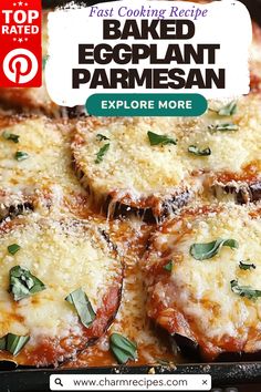 an advertisement for baked eggplant parmesan pizzas on a grill pan