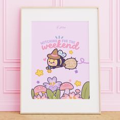 a pink wall with a white frame on it and a cartoon bee flying through the air