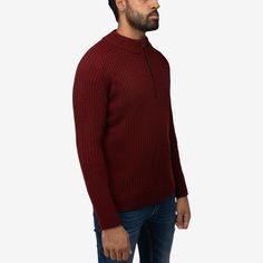 A timeless classic ribbed pullover knit sweater with quarter zip mock neck for any occasions. Casual Winter Sweater With Ribbing, Casual Ribbed Winter Sweater, Classic Winter Sweater With Ribbing, Classic Ribbed Winter Tops, Classic Half-zip Winter Sweater, Maroon Turtle Neck Outfit Men, Classic Half-zip Sweater With Ribbed Collar, Classic Half-zip Sweater With Ribbed Cuffs, Maroon Long Sleeve Shirt Outfits Men