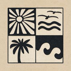 a black and white drawing of different types of waves, sun, and palm trees