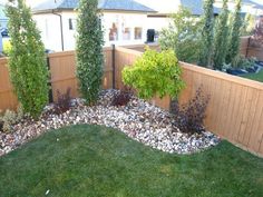 a backyard with grass, rocks and trees