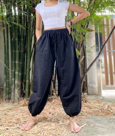 The harem style trousers made from cotton fabric 100%with an elasticated smock waist and ankles they provide a comfortable lightweight fit, perfect for casual wear, festivals, yoga, holidays as well as pairing with a plain top to get that popular look.   Materials: Cotton,Polyester Sizing: One size fits most. Size : (inches) ✿Waist 24" (61 cm) stretching to 46" (elastic material) (116 cm) ✿ Hip 30"- 48" ( 76-121 cm ) ✿ Length 38" ( 96 cm ) ✿ Length around each legs: 10" (25 cm) can be stretch (e Womens Harem Pants, Green Pants Men, Pants Boho, Festival Pants, Harem Pants Women, Hippie Pants, Yoga Clothing, Boho Pants, Plain Tops