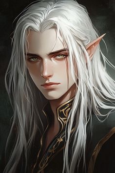 the white haired elf with long hair and green eyes is staring at something in the distance