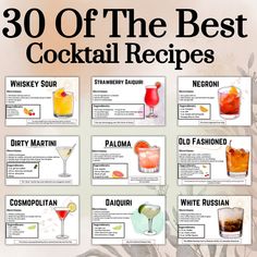 the 30 off the best cocktail recipes are on display in this poster, which includes different drinks