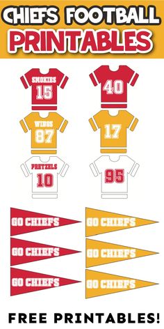 the football uniforms and numbers for each team are shown in red, yellow and white