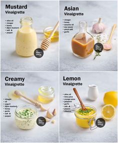 four different types of homemade mayonnaise with ingredients labeled in the top and bottom