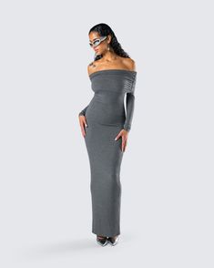 Be the chicest one in the room in this charcoal grey maxi dress 👏 With a simple, yet sleek design - this dress made from soft stretch rib fabric is complete with an off-shoulder design, a folded overlay, and long sleeves 🖤 Ribbed Maxi Dress For Date Night, Off Shoulder Maxi Dress, Grey Maxi, Grey Maxi Dress, Rib Fabric, Grey Dress, In The Room, Shoulder Design, Classy Dress