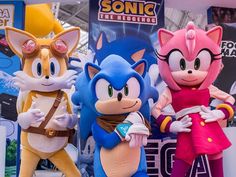 sonic the hedgehog and tails characters are on display