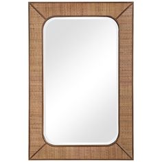 a square mirror with a wooden frame on the bottom, and a brown border around it