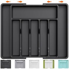 an assortment of different colored trays with dividers on each side and four sections for storage