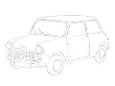 an old car is shown in the drawing style, it appears to be drawn on paper