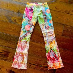 Totally Unique, One-Of-A-Kind Patchwork Psychedelic Y2k Pants With Overlace Pattern Size S / Size 8 Multicolored Spring Stretch Multicolor Pants, Multicolor Stretch Wide Leg Jeans, Spring Multicolor Fitted Bottoms, Multicolor Stretch Straight Leg Pants, Fitted Multicolor Y2k Bottoms, Multicolor Fitted Jeans For Summer, Y2k Style Stretch Pants For Spring, 90s Pink Straight Leg Bottoms, Fitted Multicolor Summer Jeans