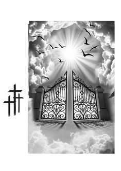 an open gate with birds flying over it and the word jesus above it in black and white