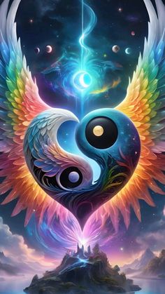 the yin symbol is painted on top of an island and surrounded by colorful clouds, stars and