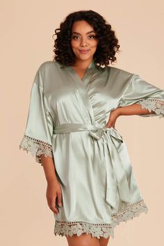 From boho to beach bride, these lace-accented satin robes make absolutely perfect gifts for your squad. Think of how sweet your getting ready photos will look with your bridesmaids in these lacy robes. Best of all, they come in 17 beautiful shades (including a white one for you!), so you can find one that complements your wedding aesthetic. Bridal Shower Treats, Satin Robes, Tuxedo Women, Birdy Grey, Beach Bride, Bridal Suite, Bridesmaid Robes, Plus Size Jumpsuit, Little White Dresses