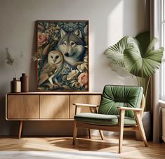 a room with a chair and a painting on the wall next to a potted plant