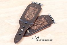 "To view all our leather goods: --> https://www.etsy.com/shop/NewHorseLeatherwork Classy, real leather watch band for your smart watch! This high quality, dark brown kangaroo with inset is part of the African Safari Collection. This band is out of all 100% real leather and measures 1.25\" wide at the connectors and the band. Length is 5.275\" on the shortest hole to 6.5\" on the longest.  Lined for added comfort and longevity with kangaroo leather. Hand stitched with the saddle-stitch method for Fitbit Versa 2, Saddle Stitch, Leather Watch Band, Leather Watch Bands, African Safari, Leather Goods, Watch Band, Hand Stitched, Real Leather