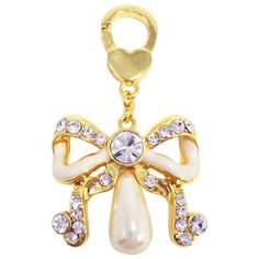 1stdibs Pearl Enamel Jay Strongwater Faux Bow Charm Gold Crystals Jay Strongwater, Gold Crystals, Jay Jay, Pearl Bow, Magical Jewelry, Bracelet Charm, Clear Crystals, Gold Enamel, White Enamel