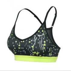 Dri-Fit Technology Helps Keep You Dry And Comfortable. Mesh Back Panel Helps You Stay Cool. Adjustable Elastic Straps Give You A Personalized Fit. V-Neck Silhouette Offers Minimal Coverage For Lightweight Comfort. Removable Bra Pads Provide Modest Coverage And Shaping. Soft, Low-Profile Elastic Chest Band Provides A Comfortable Fit. ''Women"S Nike Pro Indy Techno Glitch Sports Bra Offers Light Support During Low-Impact, High-Energy Workouts.'' Green Sports Bra For Sports Events, Bra Pads, Padded Sports Bra, Nike Green, Padded Bra, High Energy, Padded Bras, Nike Pros, Stay Cool