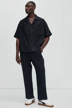 Available In Black. Fold Down Collar Front Button Closure Chest Pockets Short Sleeve Pair With "Bahamas Linen Cargo Shorts" Pair With " Bahamas Linen Shorts" Pair With " Bahamas Linen Pants" Shell: 55% Linen 45% Cotton Imported | Mens Bahamas Linen Cuban Shirt in Black size Large by Fashion Nova Mens Black Linen Pants Outfit, Black Linen Outfit Men, Black Linen Pants Outfit Men, Black Linen Shirt Men, Black Linen Pants Outfit, Linen Pants Outfit Men, Cotton Pants Outfit, Linen Outfit Summer, Bahamas Outfit