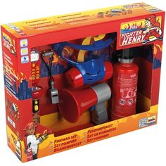 a red and blue fire extinguisher set in a box