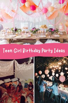 the birthday party is decorated with pink and orange balloons, white streamers, and paper lanterns