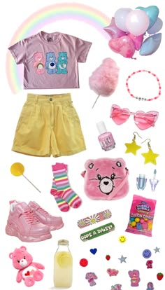 Happycore Outfit, Sillycore Outfit, Tweencore Outfits, Baby Core Outfit, Kawaii Kidcore Outfit, Bear Aesthetic Clothes, Care Bears Inspired Outfit, 90s Kidcore Outfit, Candy Core Outfits