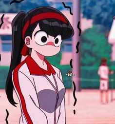 an anime character with long black hair wearing a red and white shirt