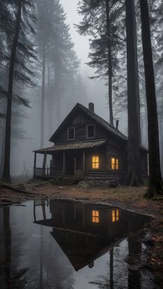 a cabin in the woods is lit up at night with its reflection in the water