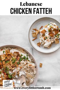 a bowl of chicken and rice next to a white plate with crackers on it