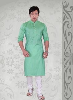 Ethnic Punjabi poly cotton mens kurta pajama in green Green Sherwani, Designer Kurta, Boys Kurta