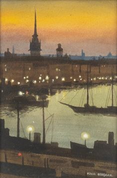 a painting of boats in the water at night