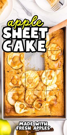 an apple sheet cake with fresh apples in the background and text overlay that reads, apple sheet cake made with fresh apples