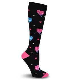 The Think Medical 94788 Stethoscopes and Hearts Wide Calf Premium Compression Socks feature a 10-14mmHg gradient compression that delivers controlled pressure from ankle to calf in order to promote better blood flow throughout the lower leg. 200 needle compression count for allows for additional comfort. You can wear them daily for lower leg support and enjoy the comfort of a non-restrictive comfort top and built in arch support. Made of 90/8/2 nylon/Lycra elastic/Lycra spandex. Fits women's sho Compression Socks For Nurses, Best Compression Socks, Nurse Compression Socks, Medical Socks, Medical Shoes, Aching Legs, Nursing Scrubs, Uniform Advantage, Stethoscopes